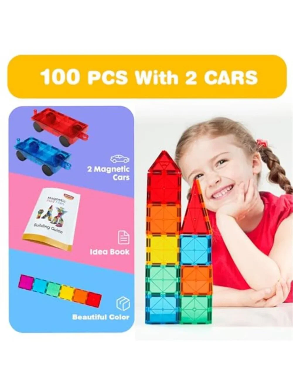 100 PCS Magnetic Tiles with 2 Cars, STEM Approved Educational Magnet